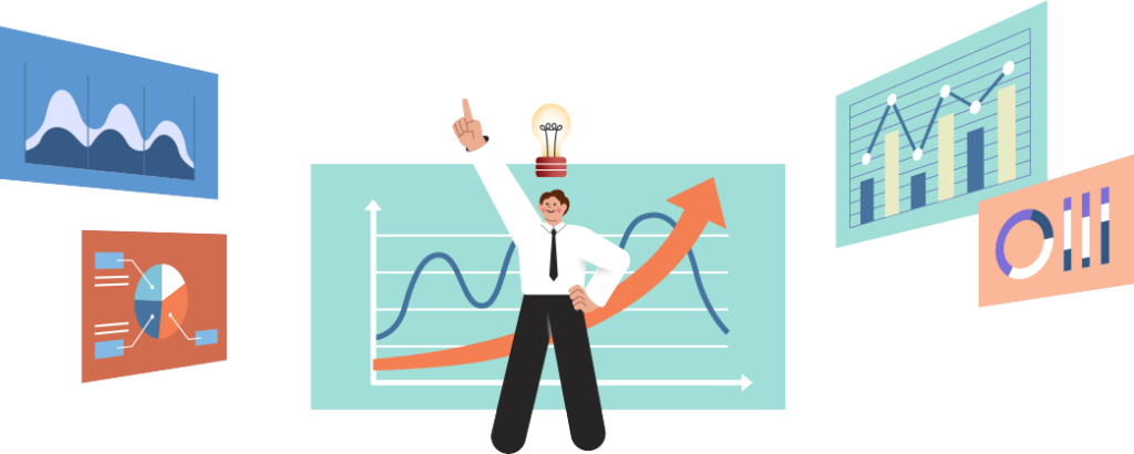A man posing with his index finger raised and a holographic data chart.